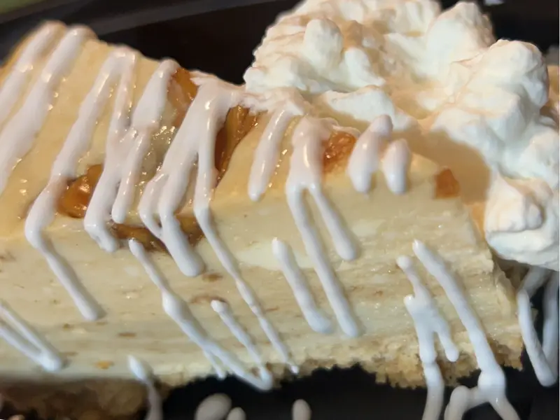 Cheesecake with almonds and white icing drizzle by Diner's Choice Eats
